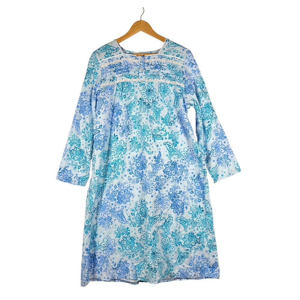 NEW Silverts Adaptive Womens Medium Blue Floral Print Nightgown‎ Easy On Off